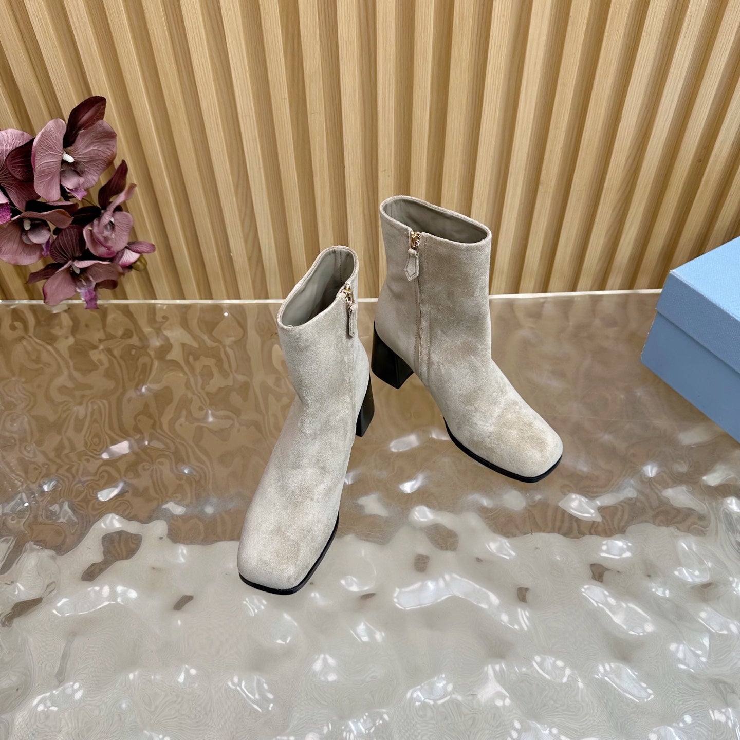 Prada 25 Boot Beige Black Suede 498221