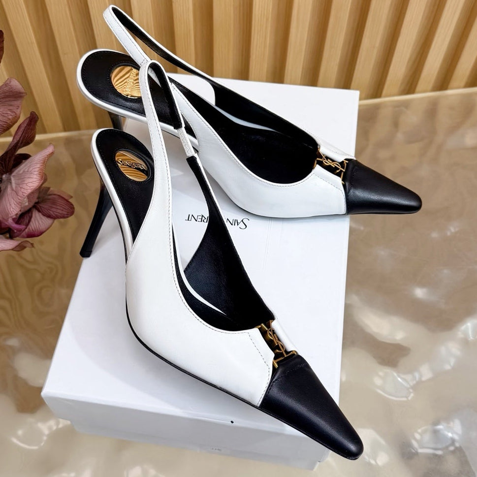 YSL 2026 Babylone Breteuil 75mm Slingback White Black Cowhide 637056