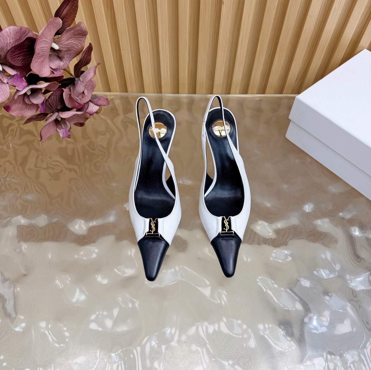 YSL 2026 Babylone Breteuil 75mm Slingback White Black Cowhide 637056