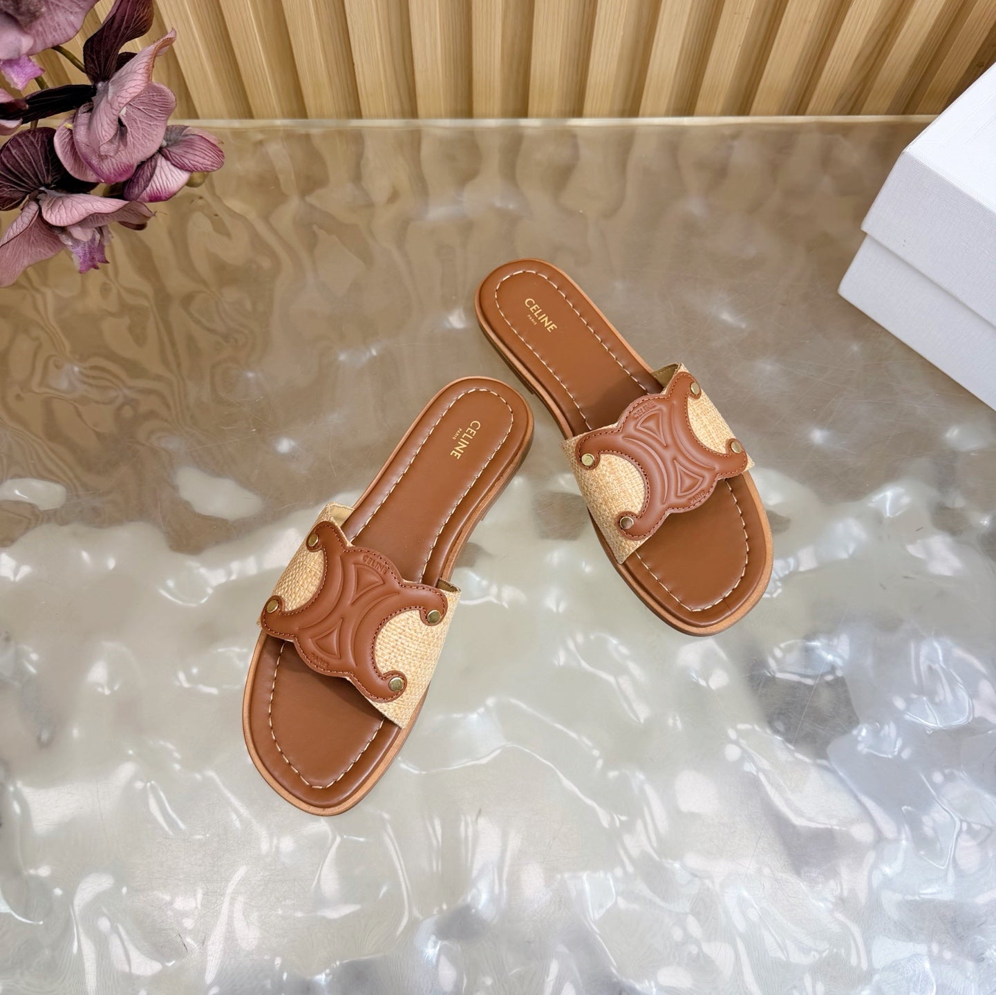 Celine 26  Triomphe Slide Sandals Leather 749443