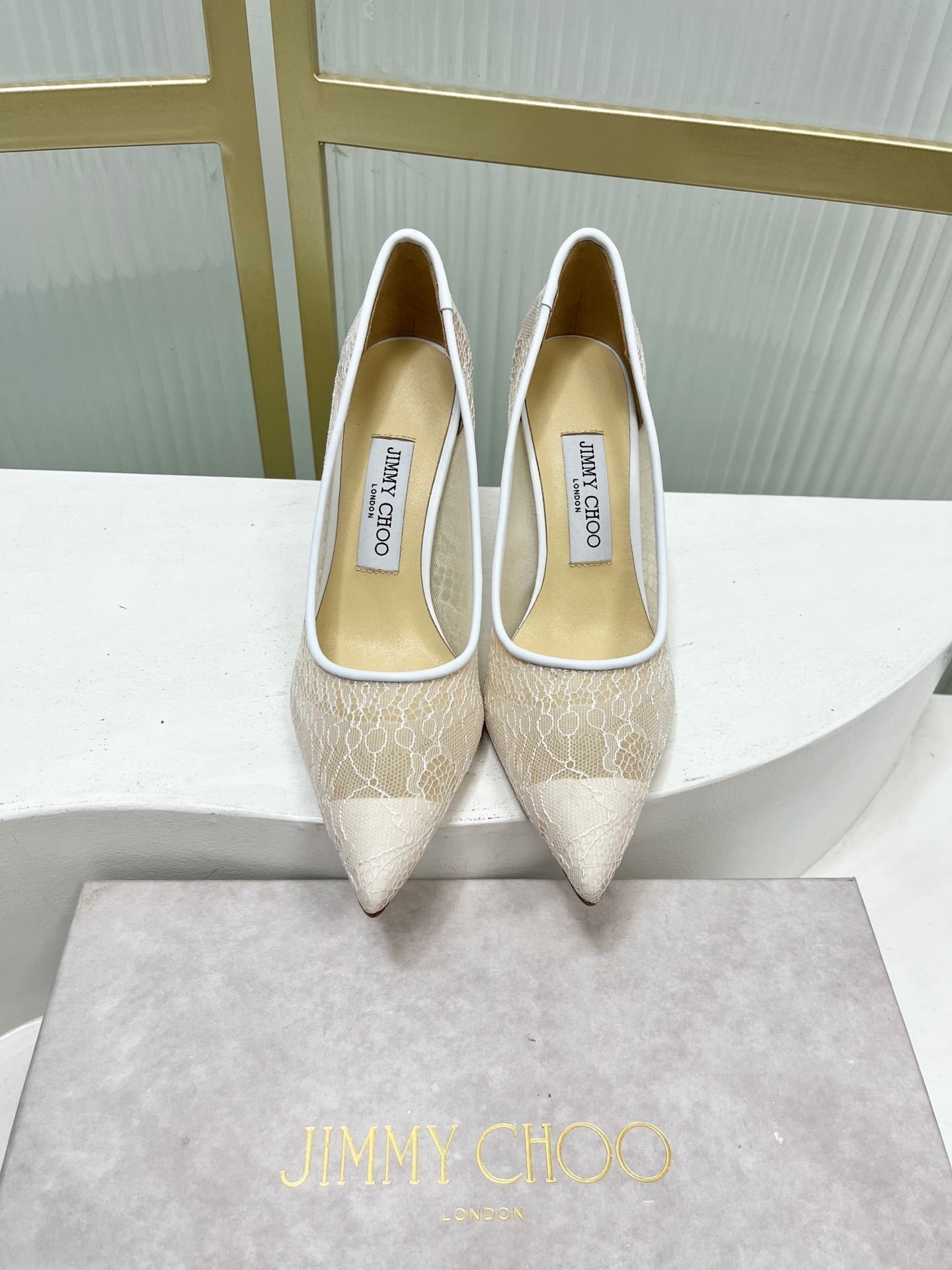 Jimmy 26s Heel Pump 85 White Beige Lace Sheepskin 605960