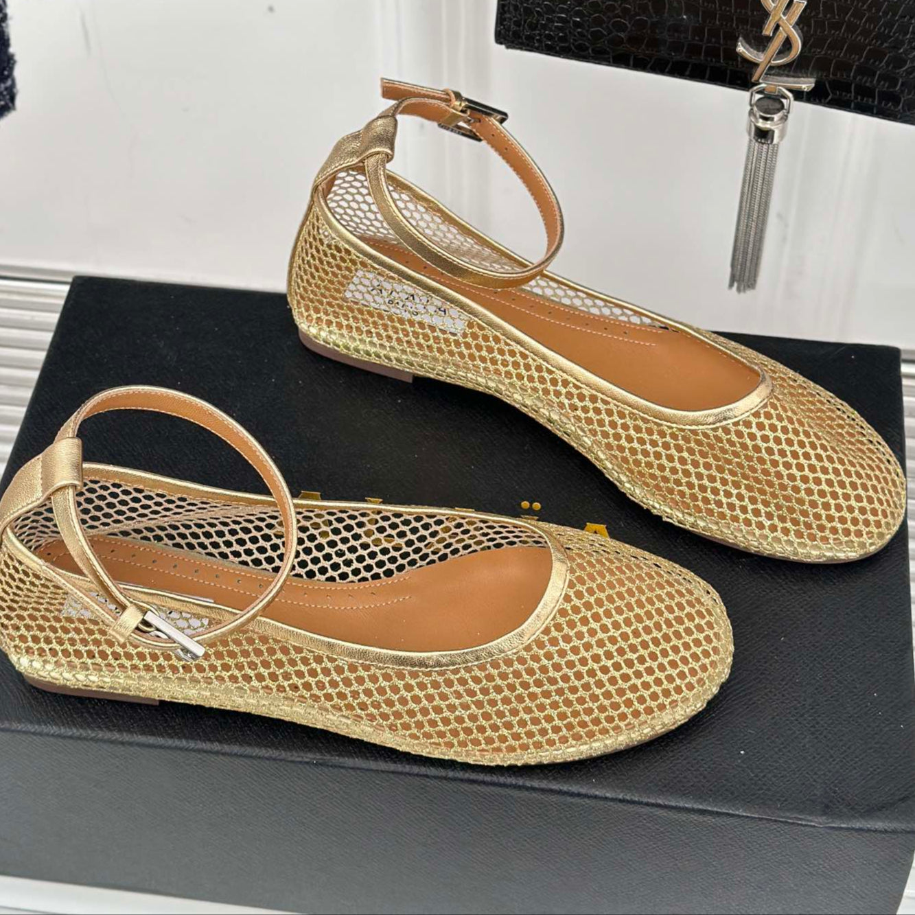 Alaia Mary Jane Ballet Flat Gold Lambskin 293237