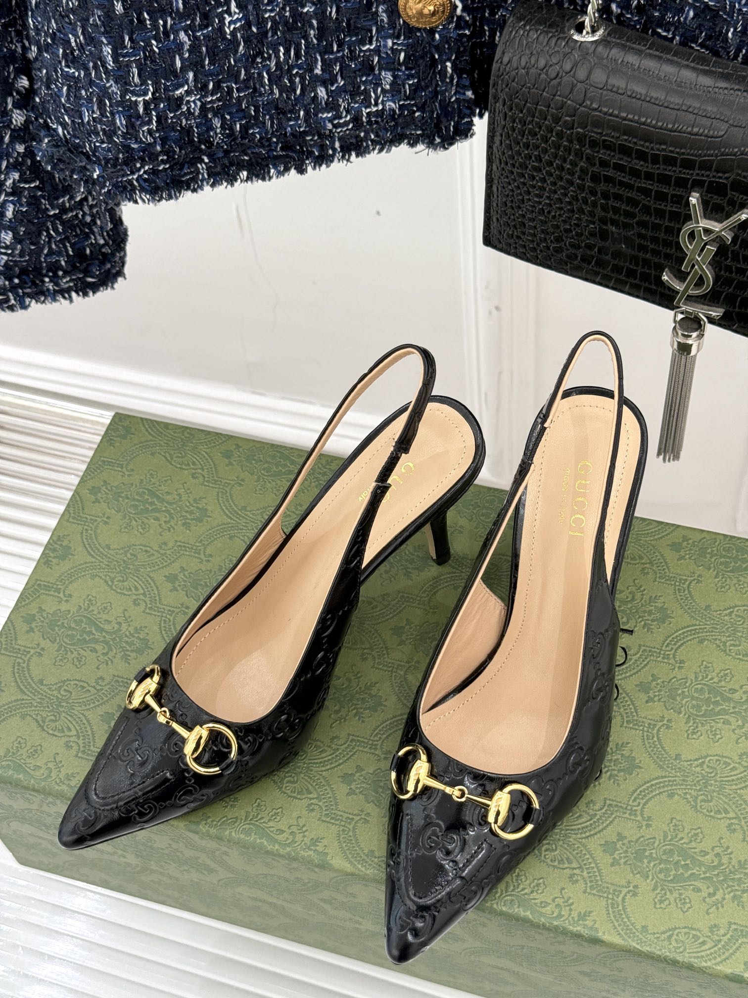 GG Horsebit Slingback 85MM Black GG Leather Point Toe