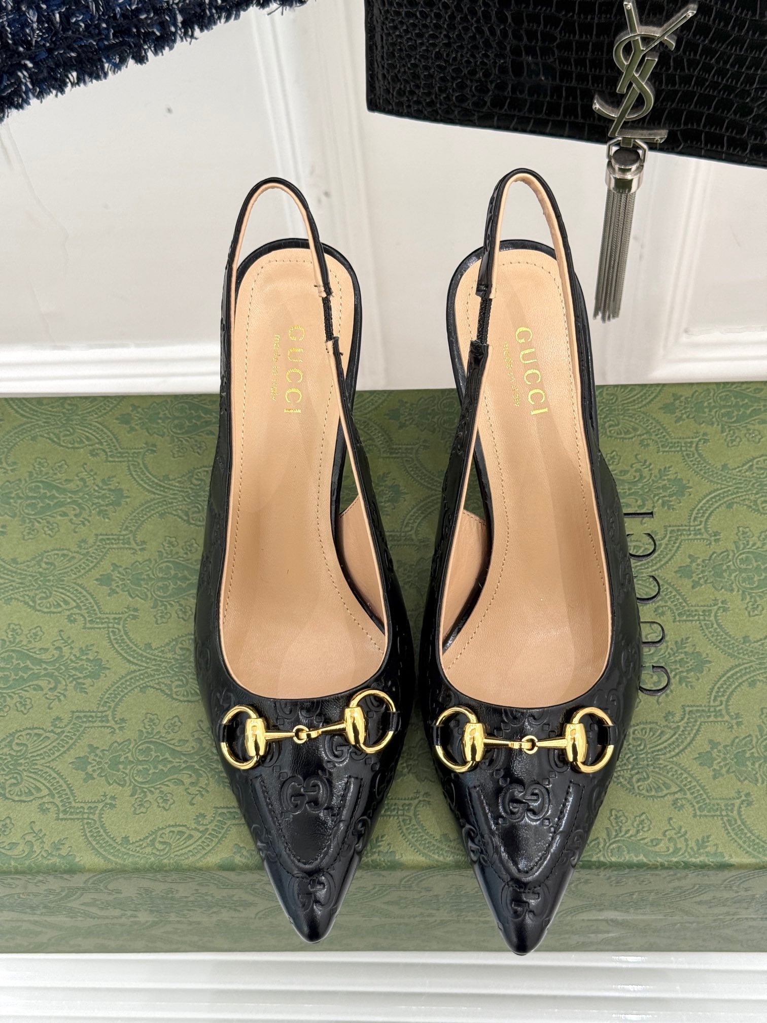 GG Horsebit Slingback 85MM Black GG Leather Point Toe