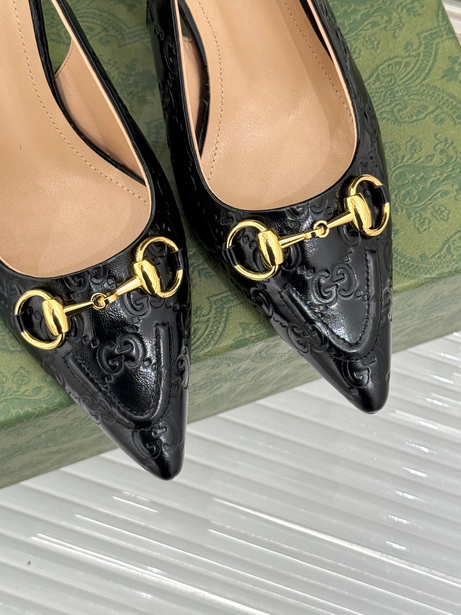 GG Horsebit Slingback 85MM Black GG Leather Point Toe