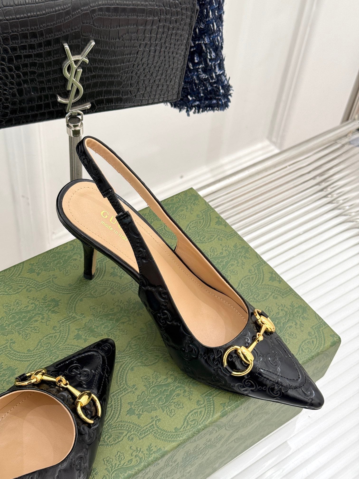 GG Horsebit Slingback 85MM Black GG Leather Point Toe