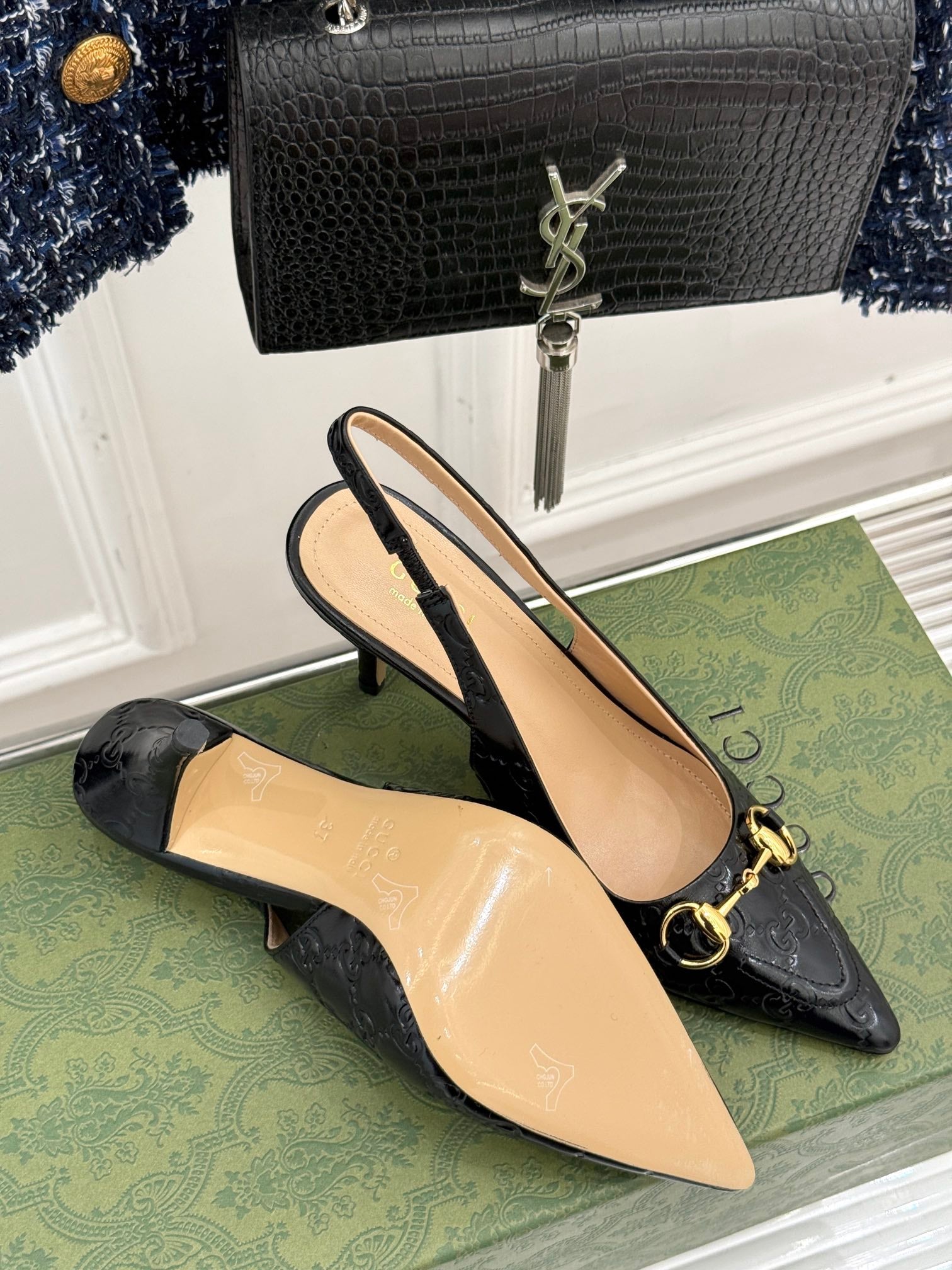 GG Horsebit Slingback 85MM Black GG Leather Point Toe