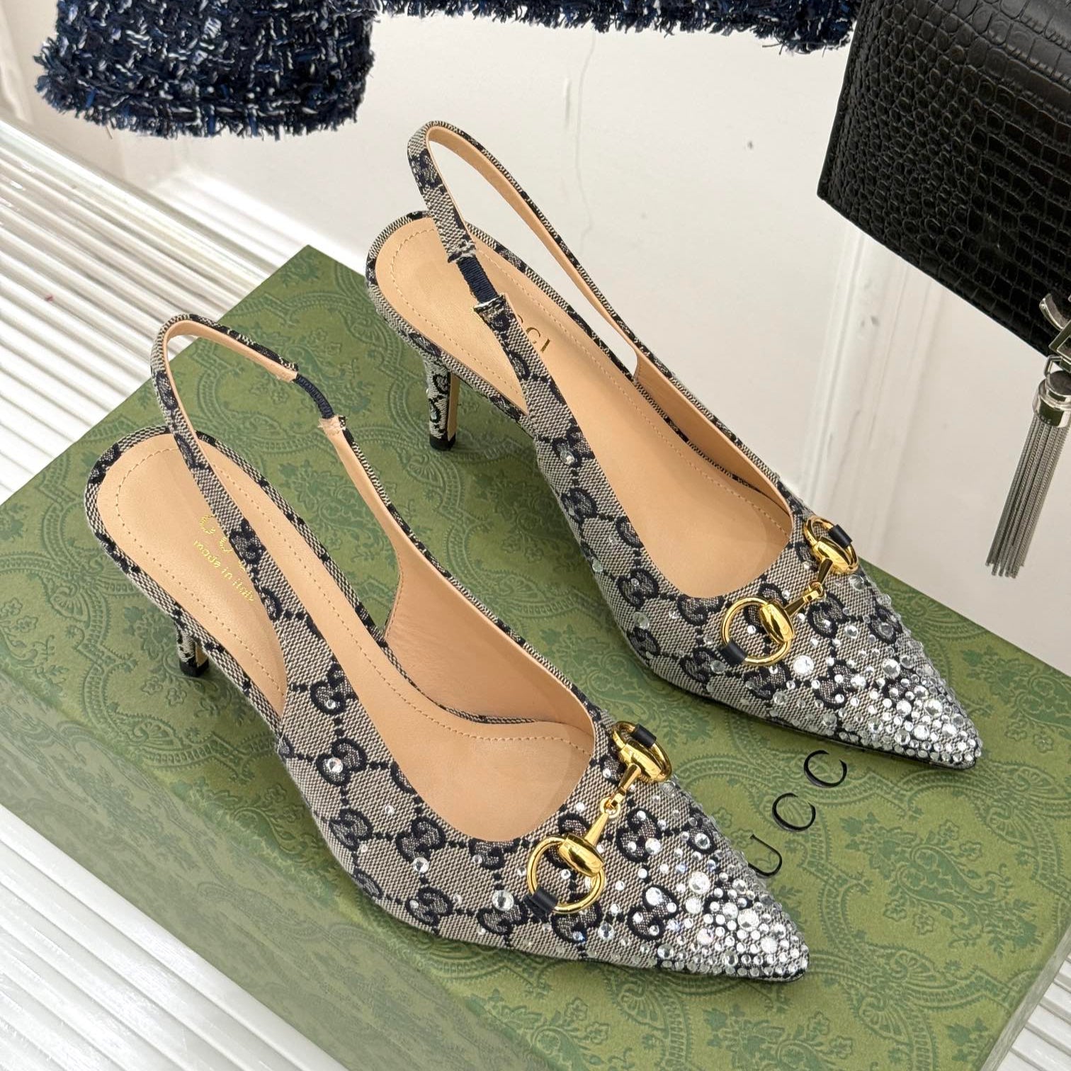GG Horsebit Slingback 85MM Beige Black Monogram Canvas Point Toe Crystal-Embellished