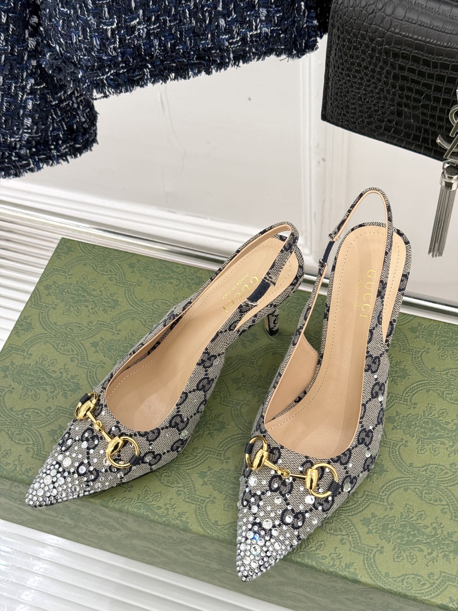 GG Horsebit Slingback 85MM Beige Black Monogram Canvas Point Toe Crystal-Embellished