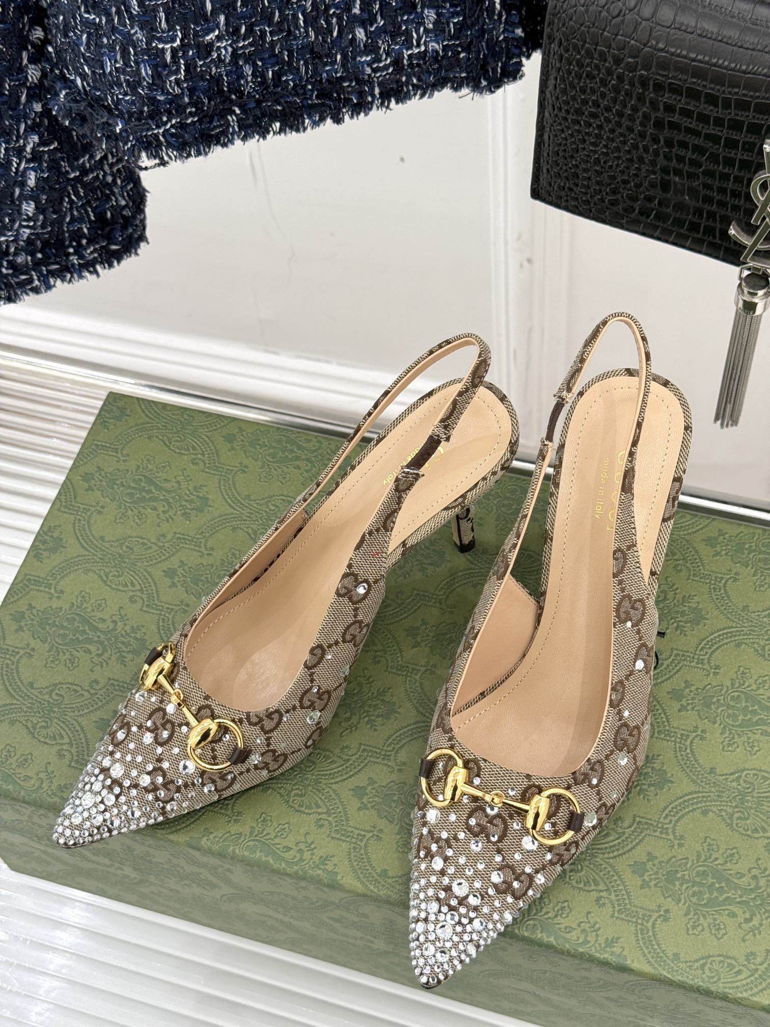 GG Horsebit Slingback 85MM Beige Ebony Monogram Canvas Point Toe Crystal-Embellished