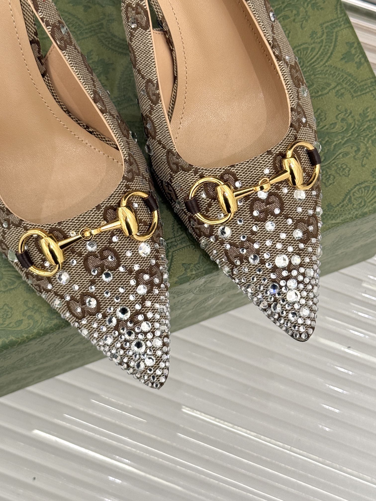 GG Horsebit Slingback 85MM Beige Ebony Monogram Canvas Point Toe Crystal-Embellished