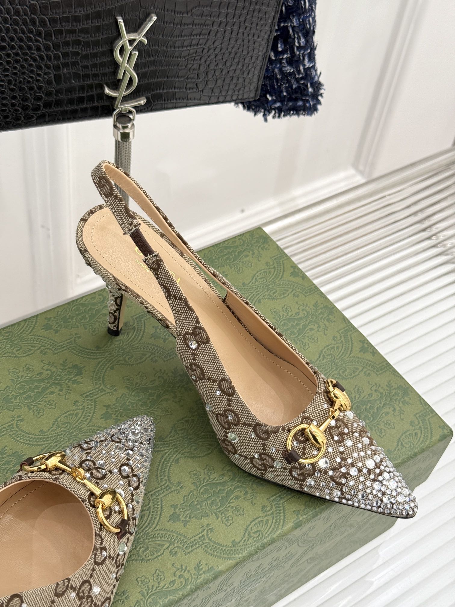 GG Horsebit Slingback 85MM Beige Ebony Monogram Canvas Point Toe Crystal-Embellished