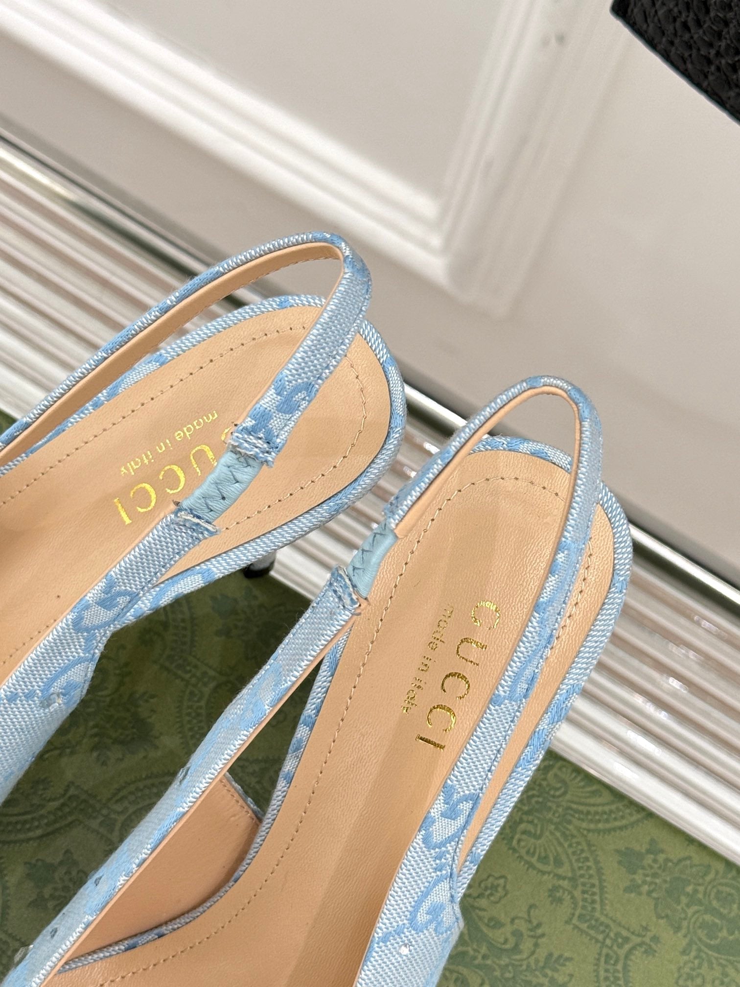 GG Horsebit Slingback 85MM Beige Cloud Blue Monogram Canvas Point Toe Crystal-Embellished