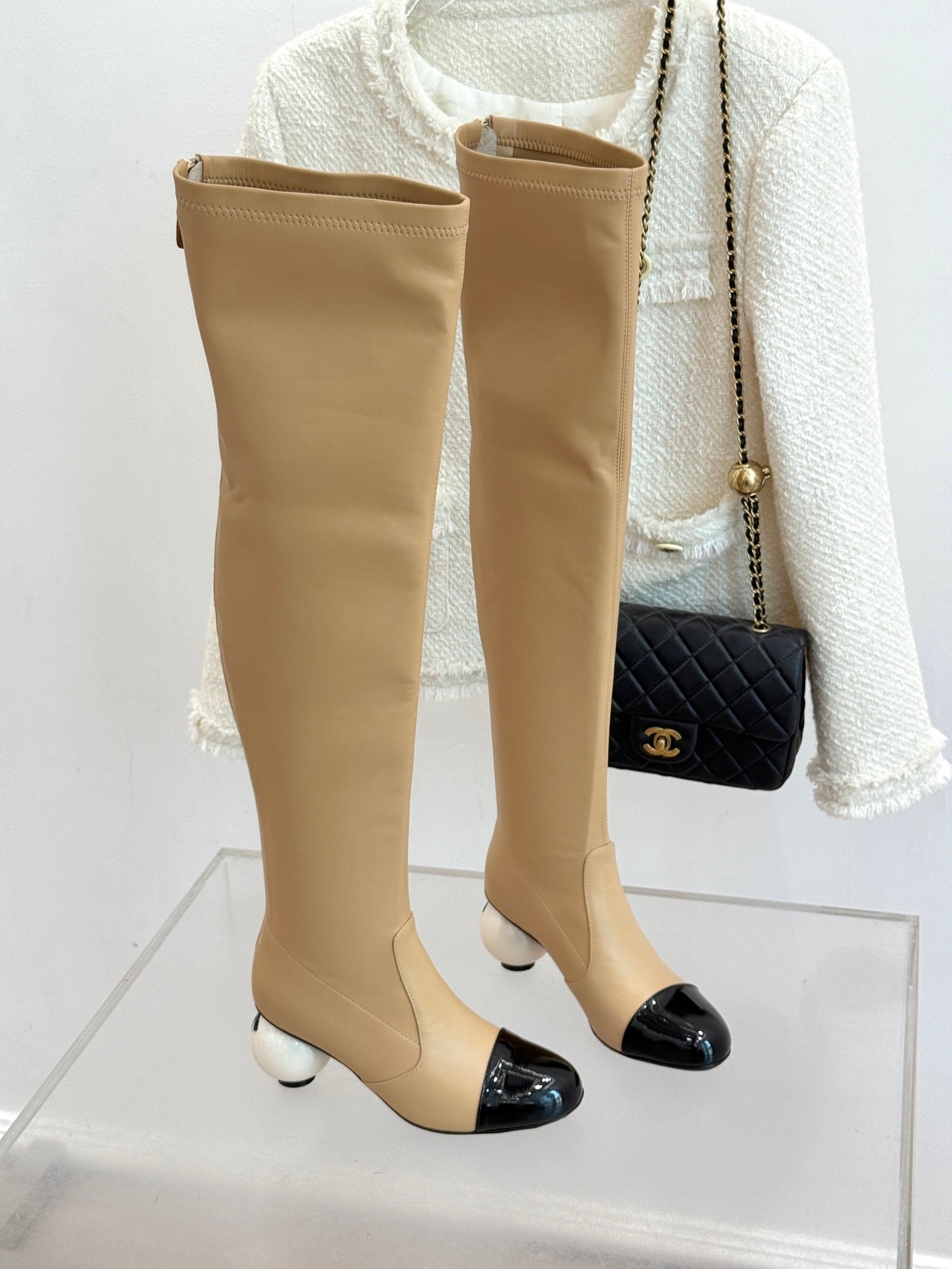 Chanel 25 Double C Giant Pearl Heel Long Boot Beige Black Sheepskin 465411