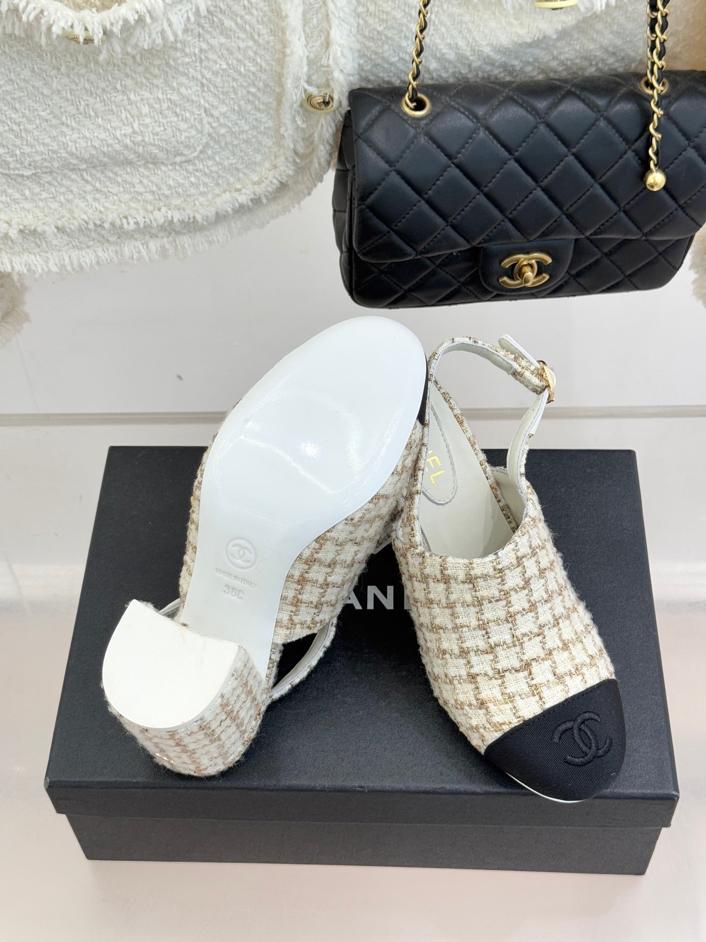 CC 26 Slingback Cream Black Tweed Grosgrain 609987