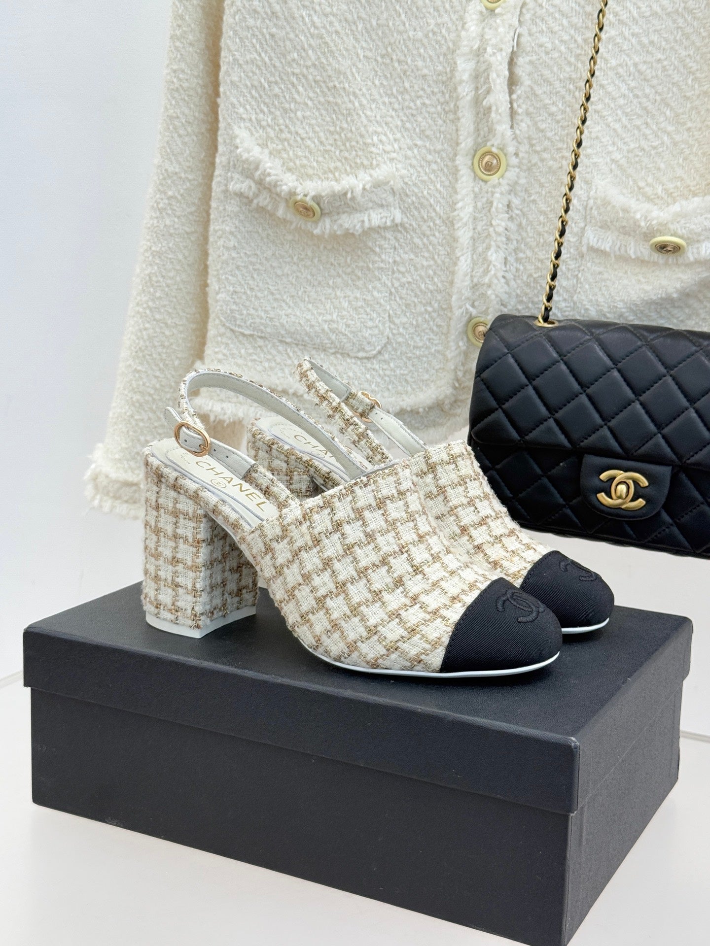 CC 26 Slingback Cream Black Tweed Grosgrain 609987