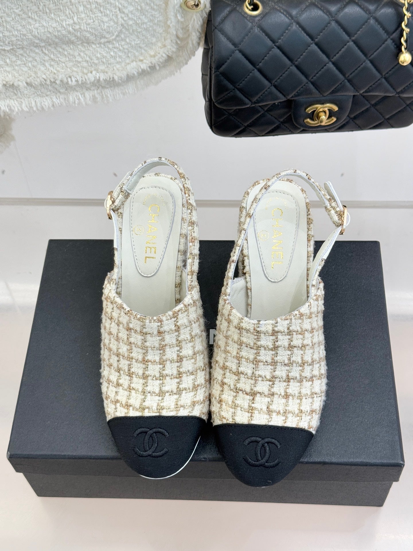 CC 26 Slingback Cream Black Tweed Grosgrain 609987