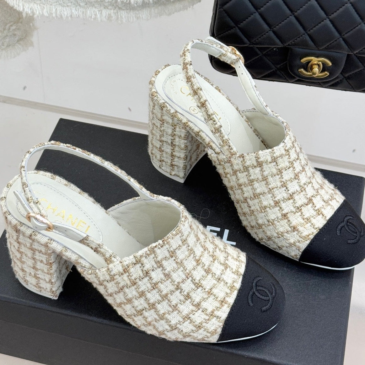 CC 26 Slingback Cream Black Tweed Grosgrain 609987