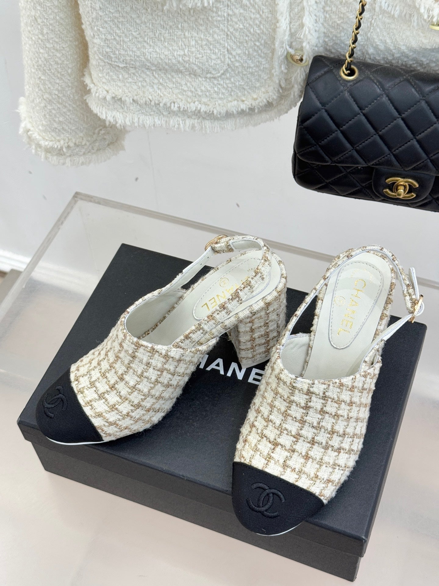 CC 26 Slingback Cream Black Tweed Grosgrain 609987