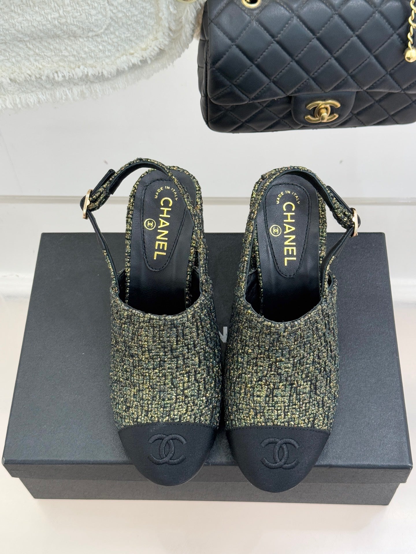 CC 26 Slingback Gold mix Black Tweed Grosgrain 609989