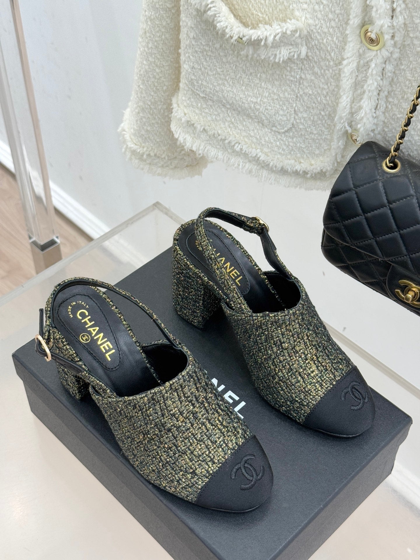 CC 26 Slingback Gold mix Black Tweed Grosgrain 609989