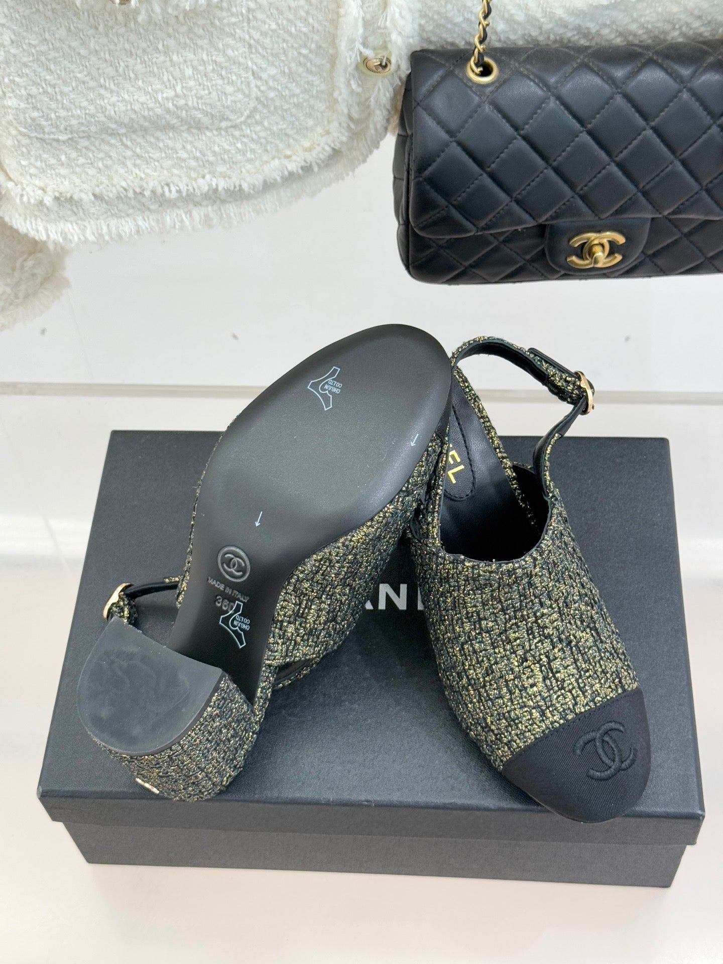 CC 26 Slingback Gold mix Black Tweed Grosgrain 609989