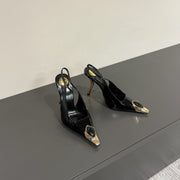 BLACK GEM-STUDDED SLINGBACK PUMPS IN BLACK PATENT CALFSKIN