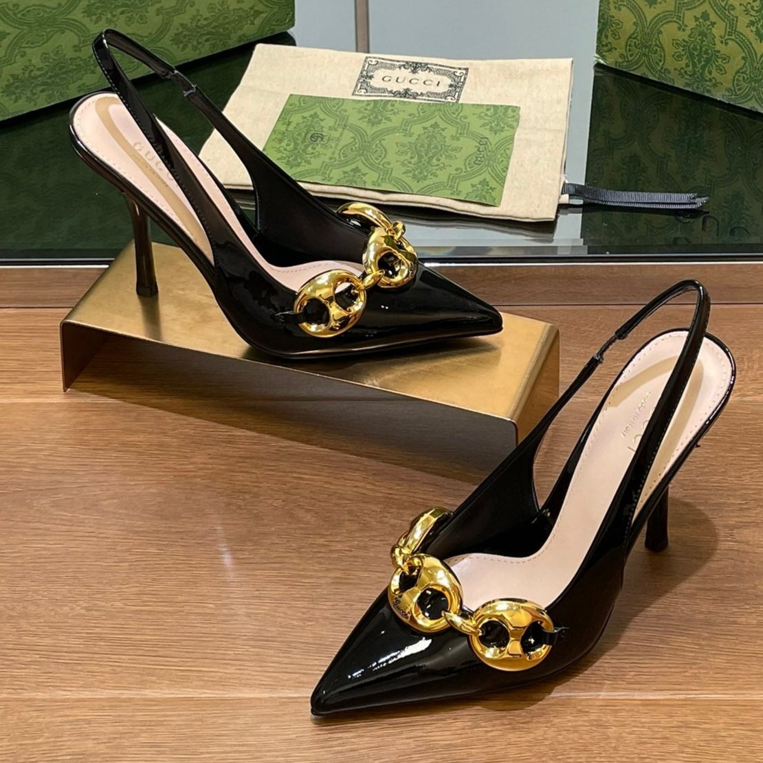 GG HIGH SLINGBACK 10.5 CM IN BLACK GLOSSY CALFSKIN
