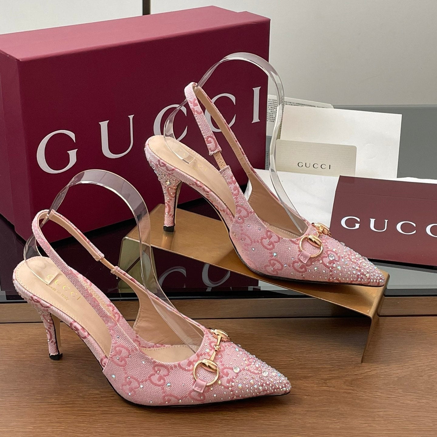 GG Horsebit Slingback 45MM Pink Ebony Monogram Canvas Point Toe Crystal-Embellished