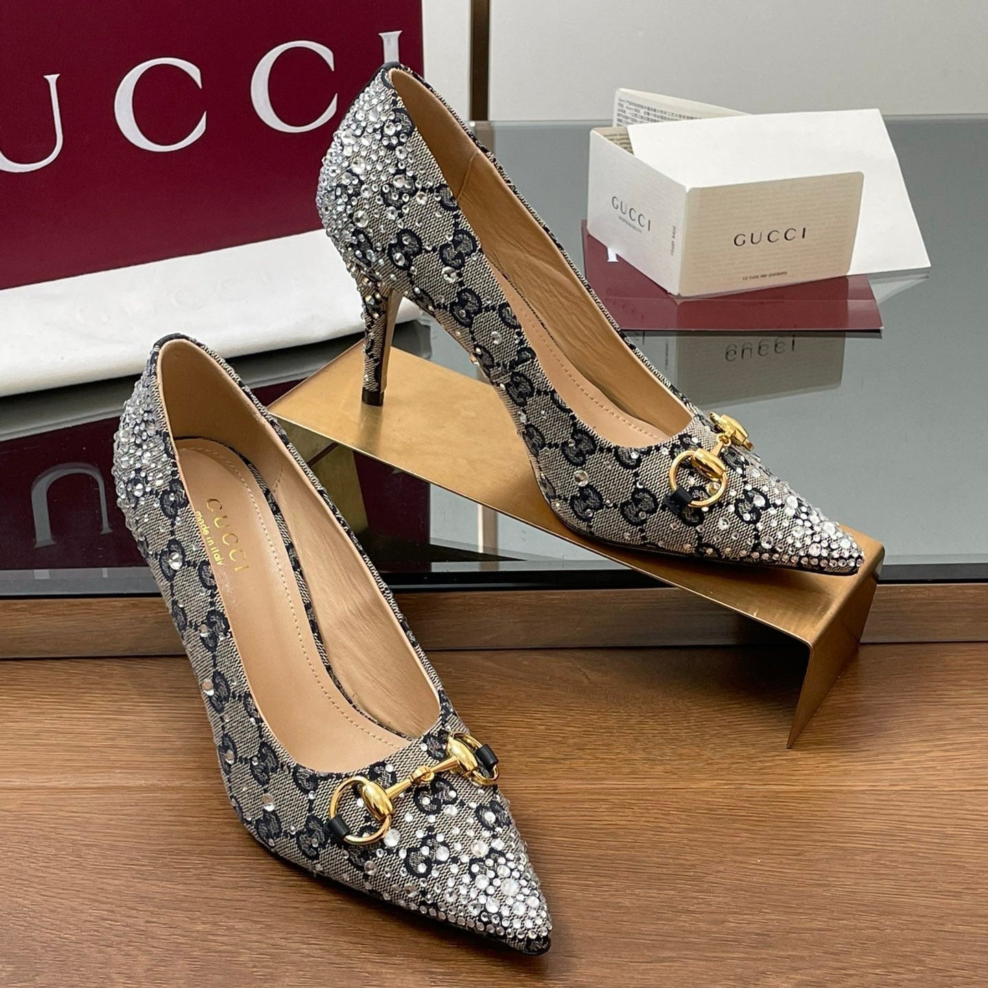 GG Horsebit Pump 85 Beige Black Monogram Canvas Crystal-Embellished