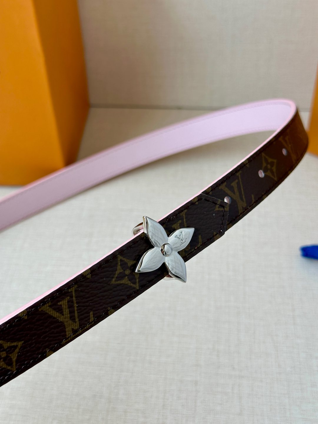 LV Flowergram 20mm Reversible Belt Pink Brown Calfskin