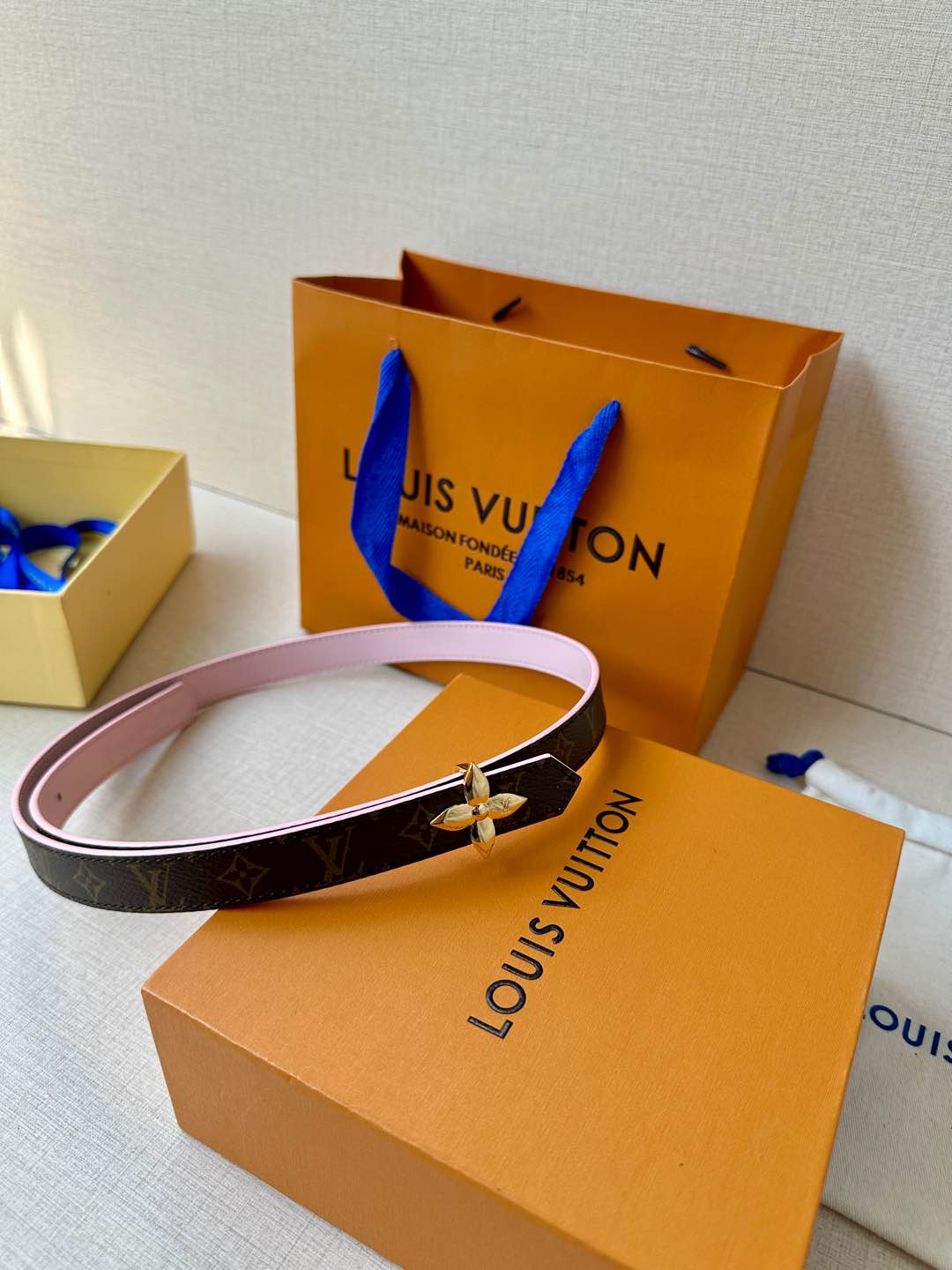 LV Flowergram 20mm Reversible Belt Pink Brown Calfskin