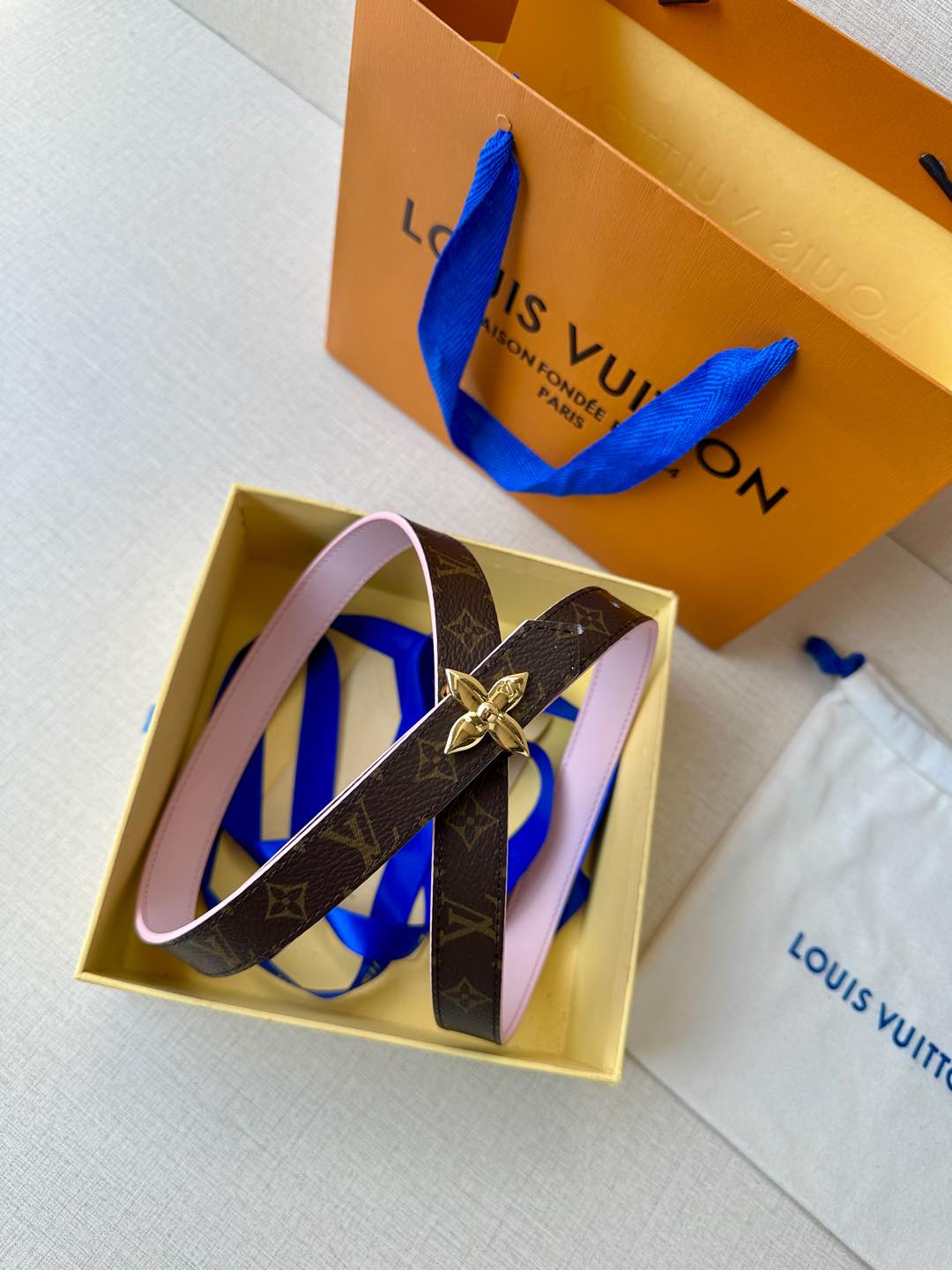 LV Flowergram 20mm Reversible Belt Pink Brown Calfskin