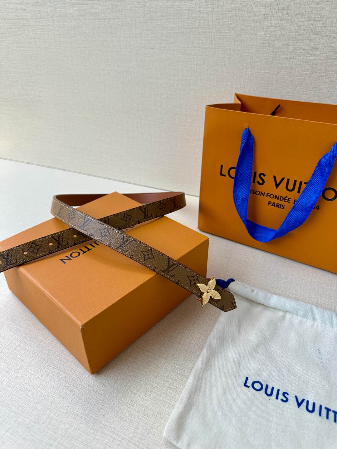 LV Flowergram 20mm Reversible Belt Brown Calfskin