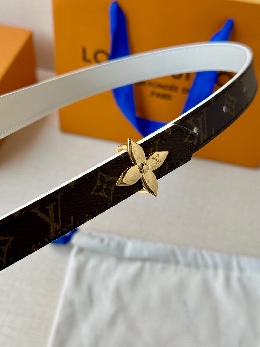 LV Flowergram 20mm Reversible Belt White Brown Calfskin