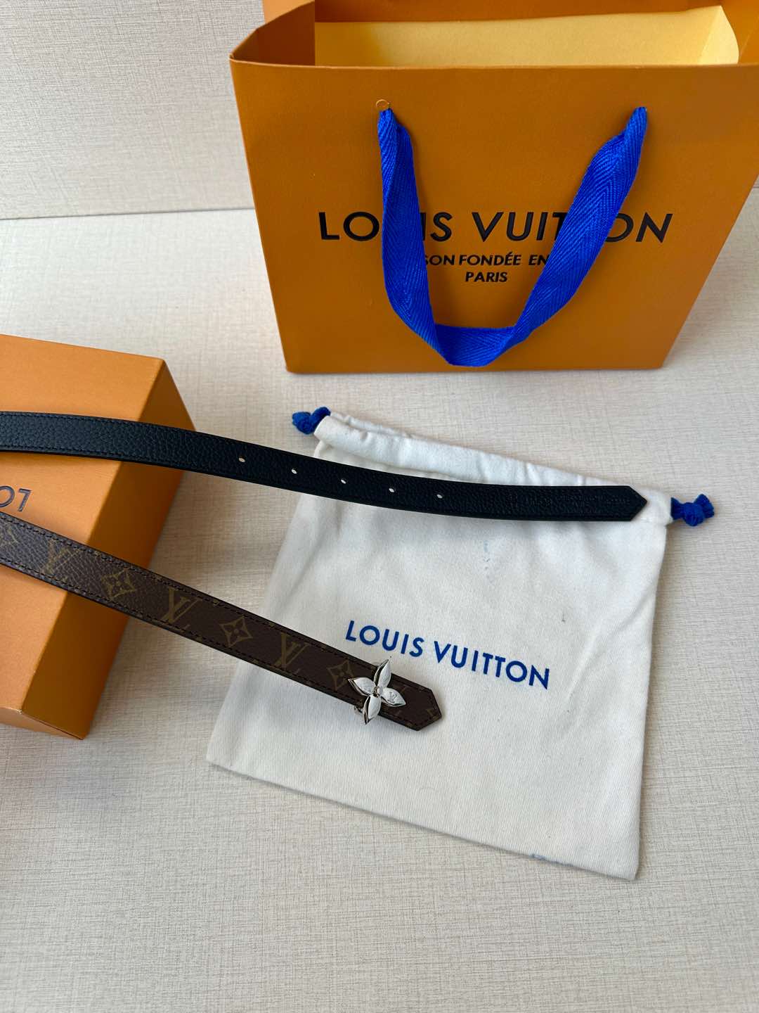 LV Flowergram 20mm Reversible Belt White Brown Calfskin