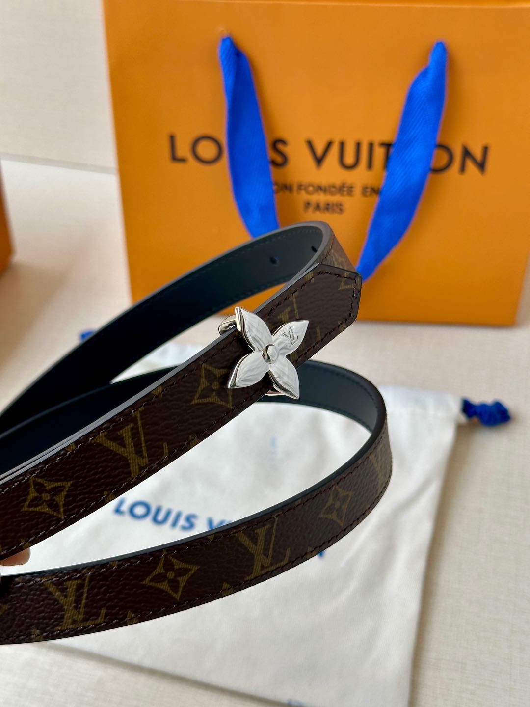 LV Flowergram 20mm Reversible Belt Black Brown Calfskin