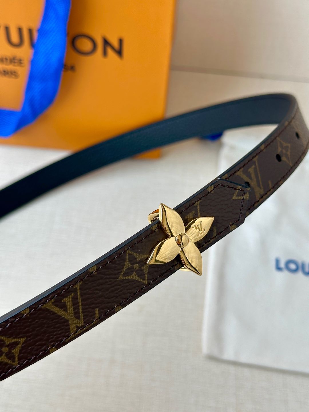 LV Flowergram 20mm Reversible Belt Black Brown Calfskin