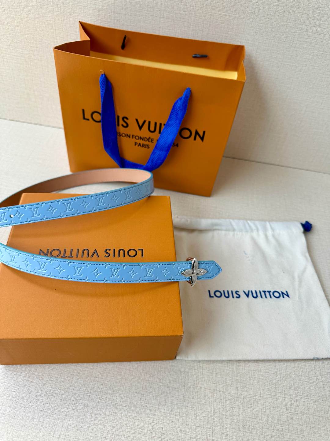 LV Flowergram 20mm Reversible Belt Beige Blue Calfskin