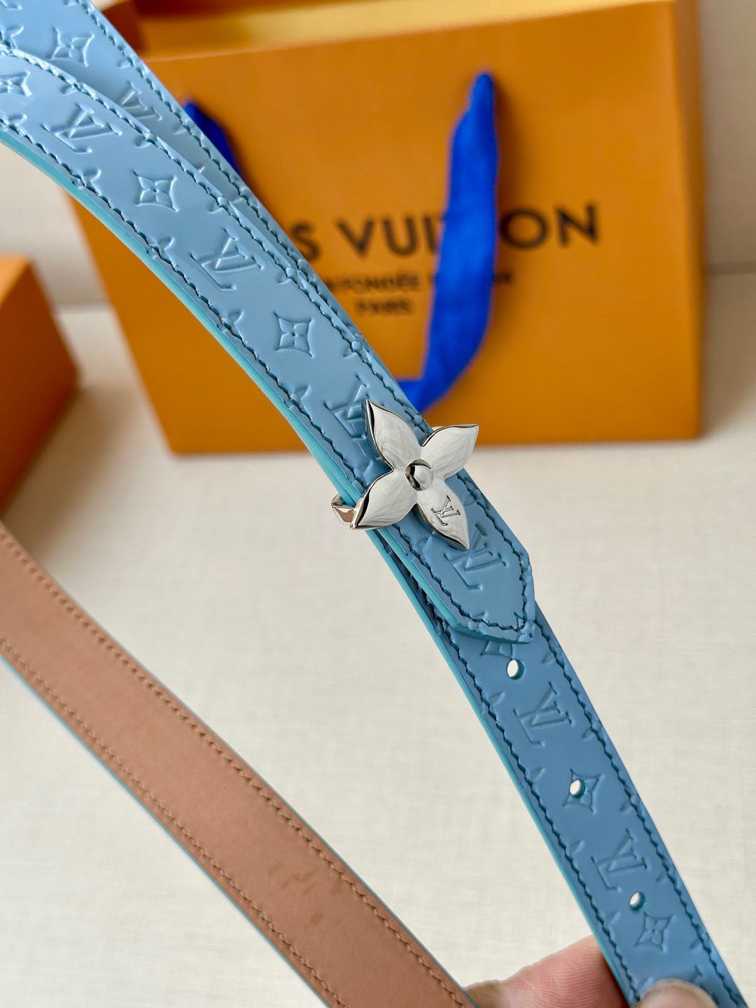 LV Flowergram 20mm Reversible Belt Beige Blue Calfskin