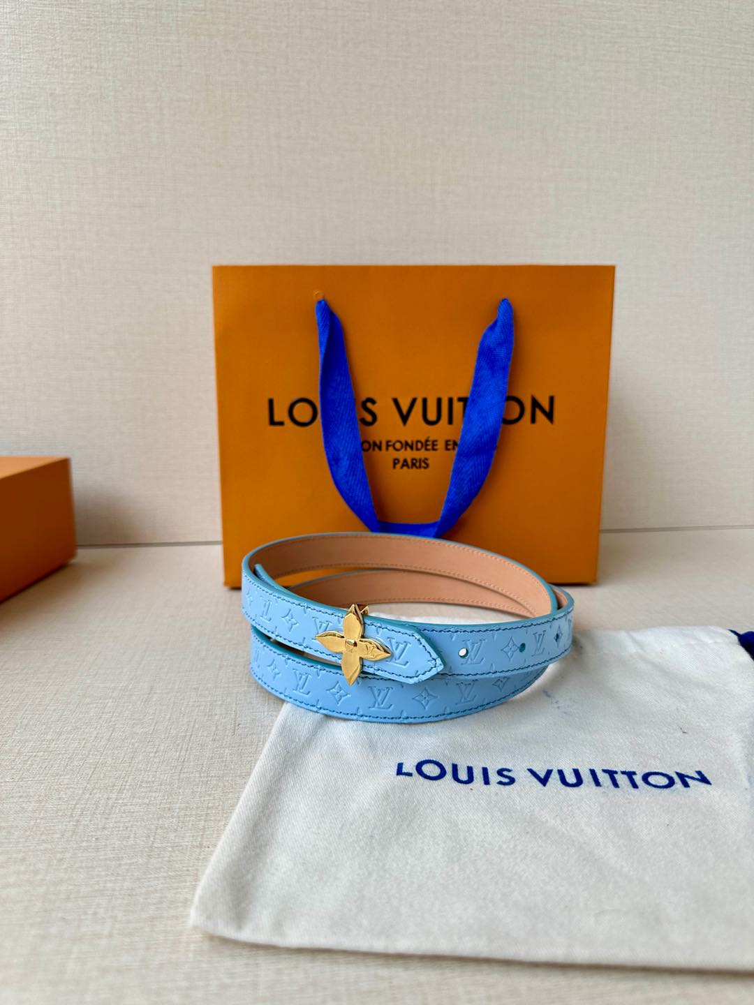 LV Flowergram 20mm Reversible Belt Beige Blue Calfskin