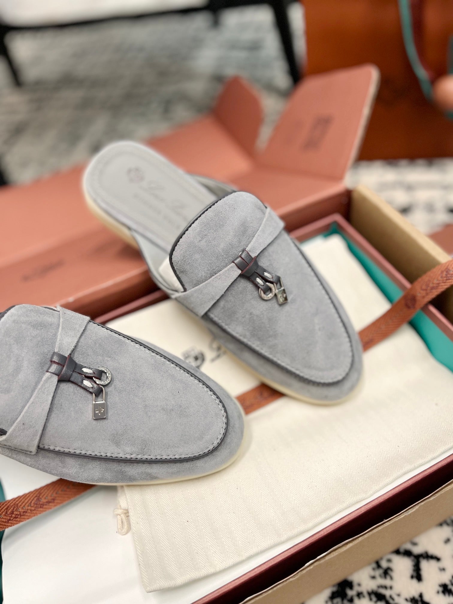 Loro Piana Grey Black Suede Charms Walk Flat Mules
