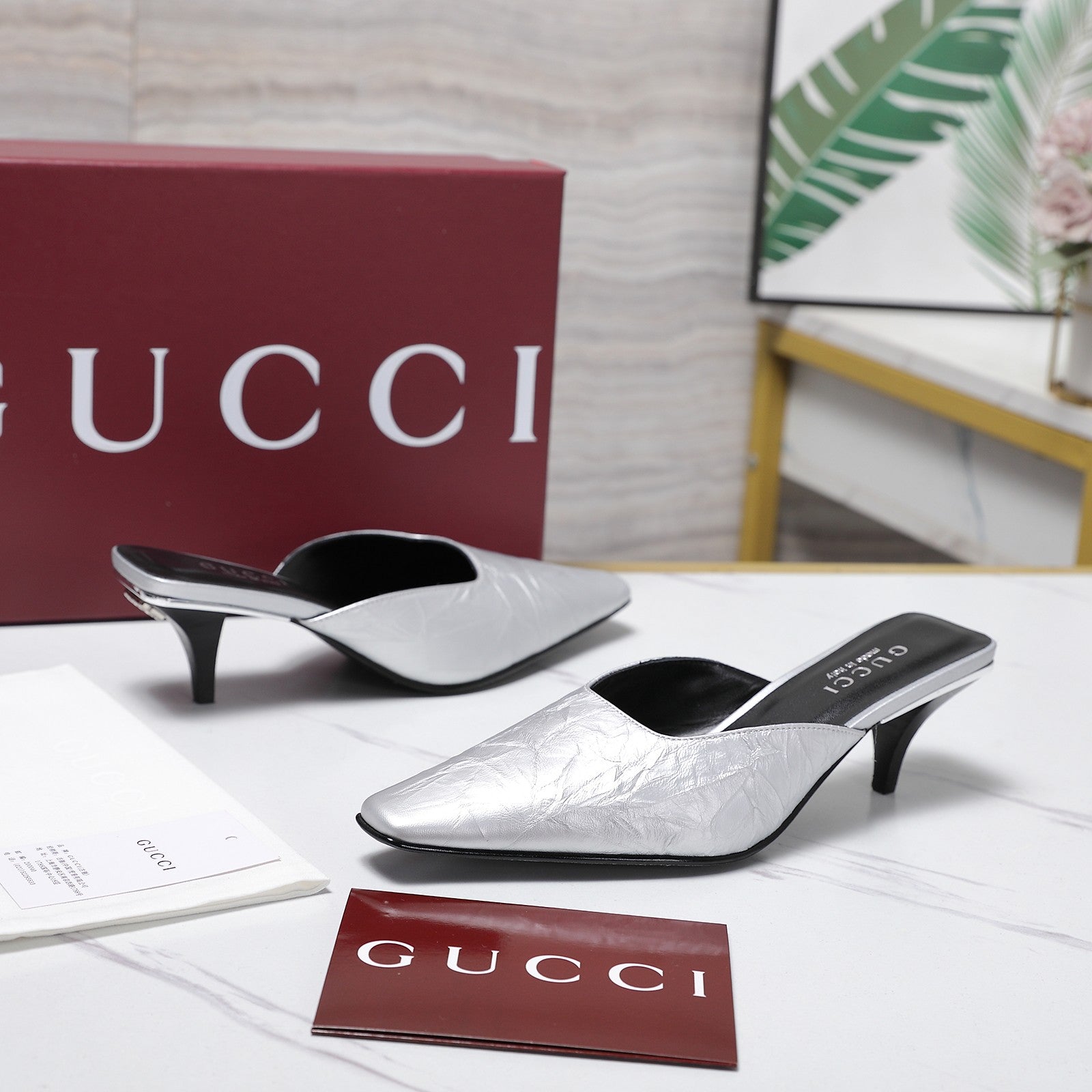 GG 26ss High Heel Mule 60 Metallic Sliver Sheepskin 601082