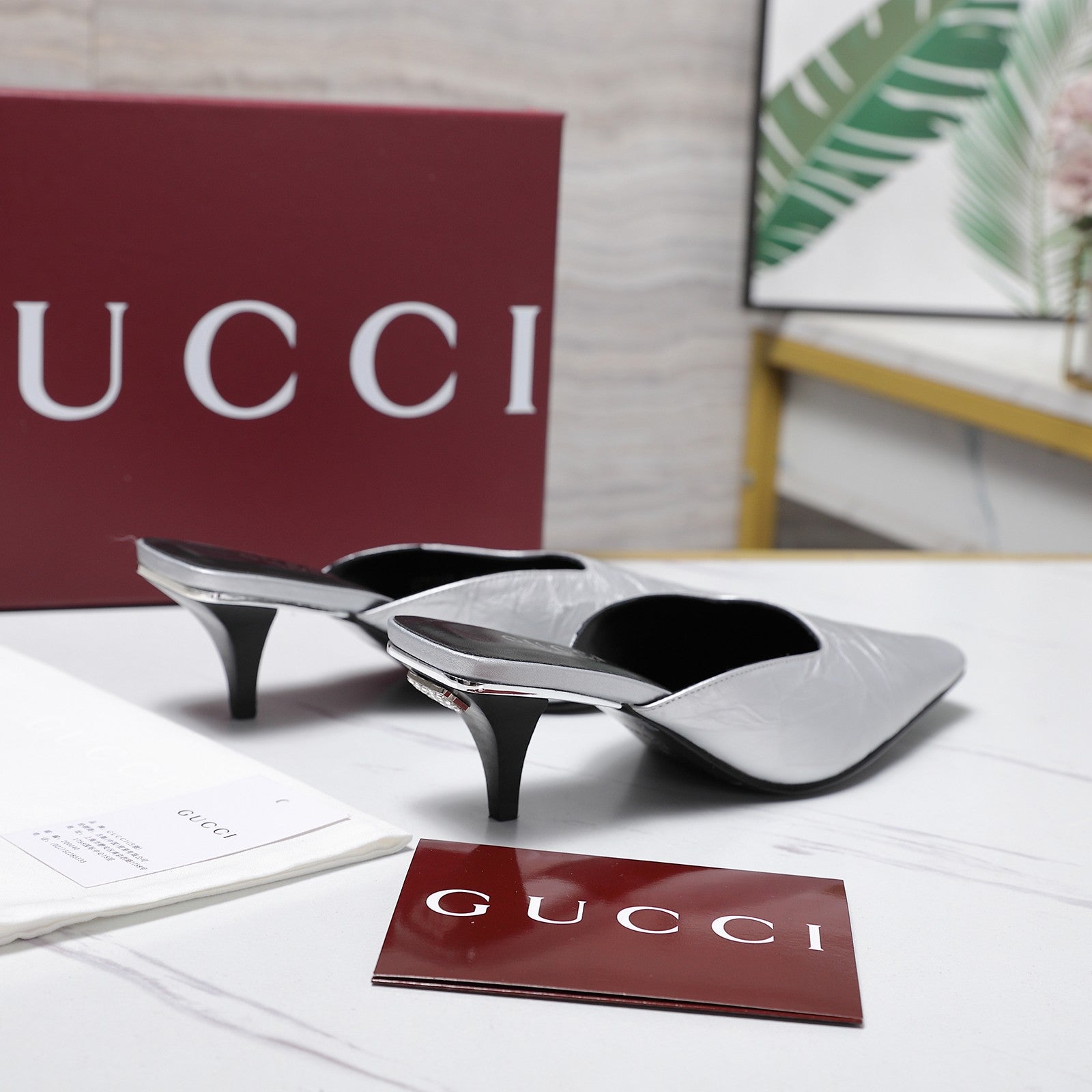 GG 26ss High Heel Mule 60 Metallic Sliver Sheepskin 601082