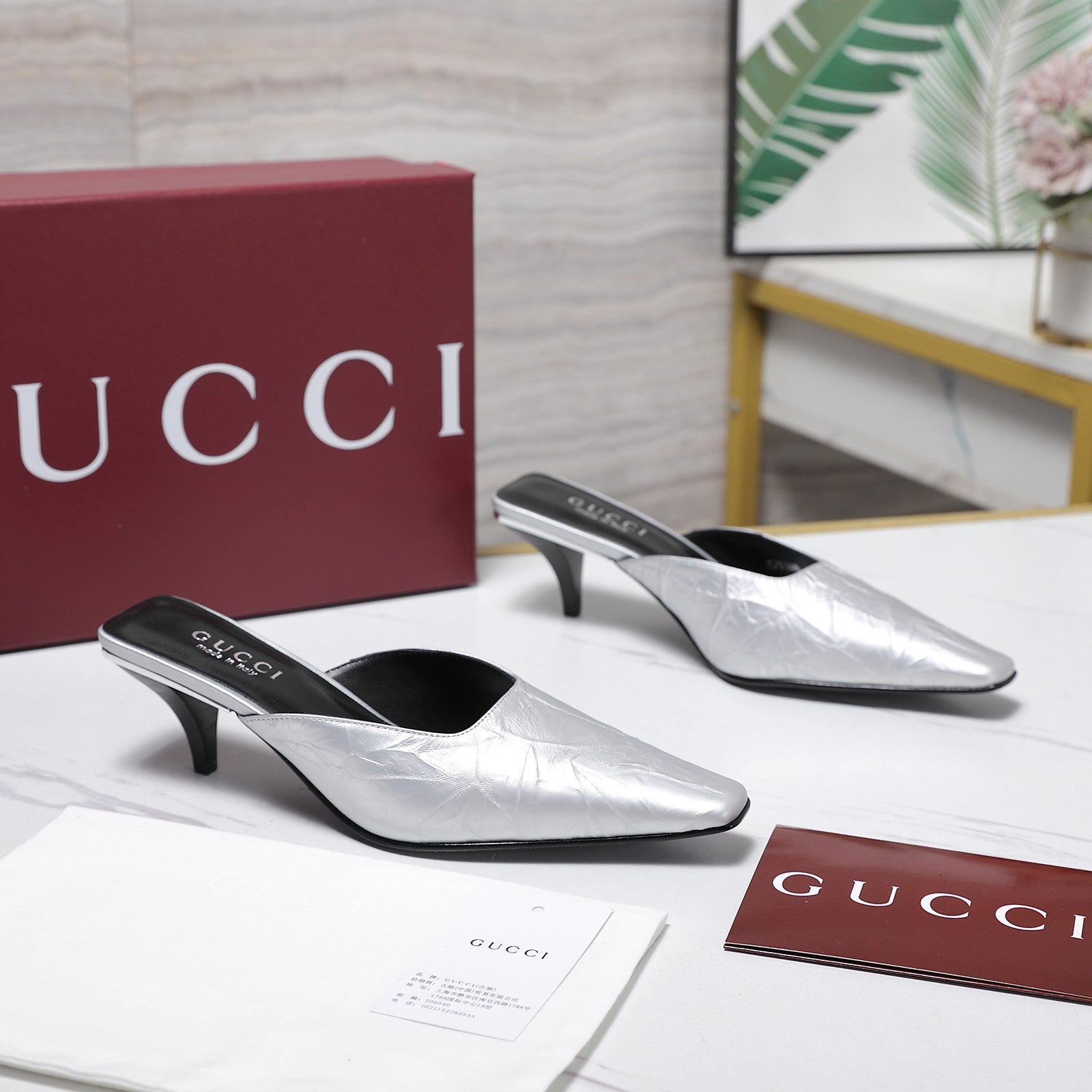 GG 26ss High Heel Mule 60 Metallic Sliver Sheepskin 601082