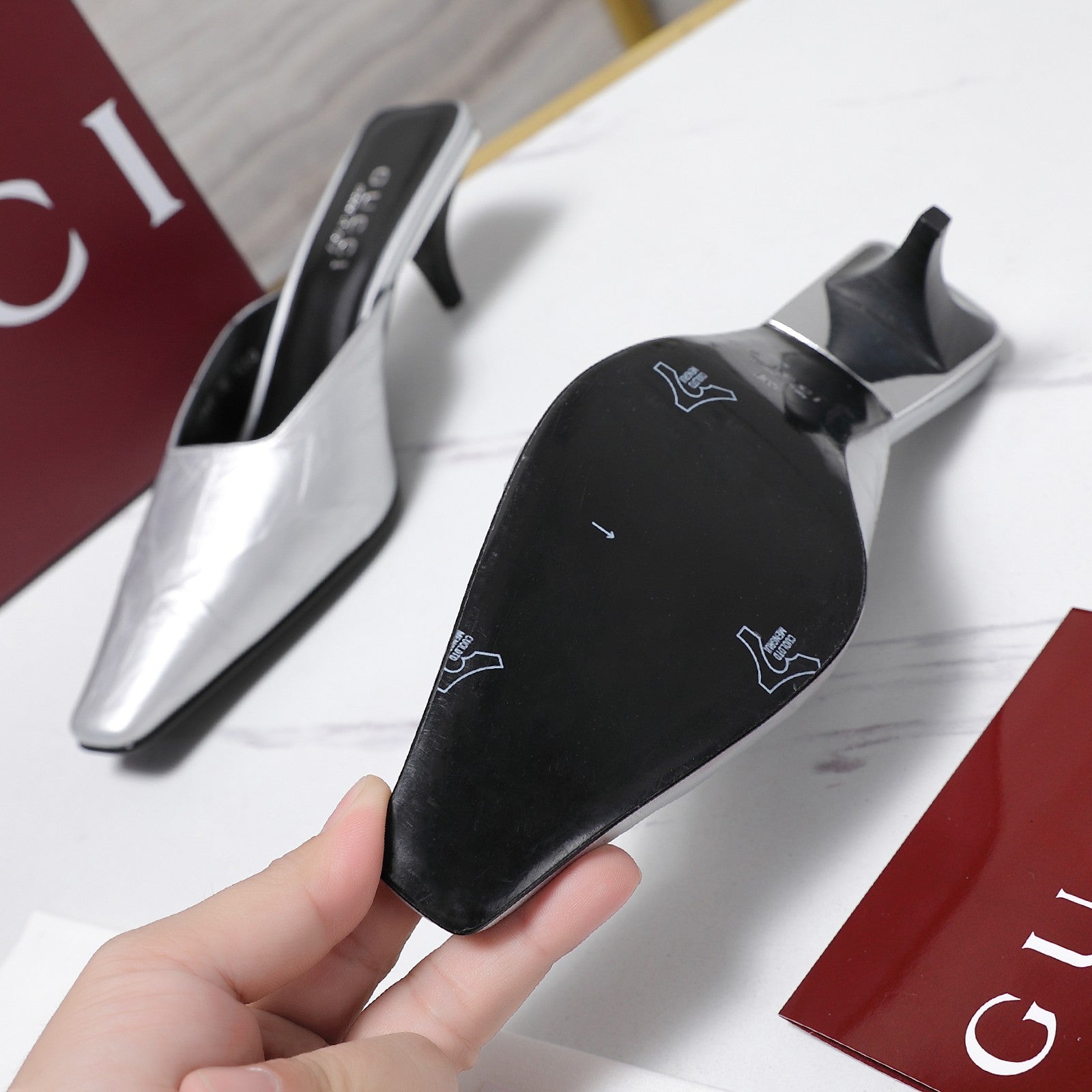 GG 26ss High Heel Mule 60 Metallic Sliver Sheepskin 601082