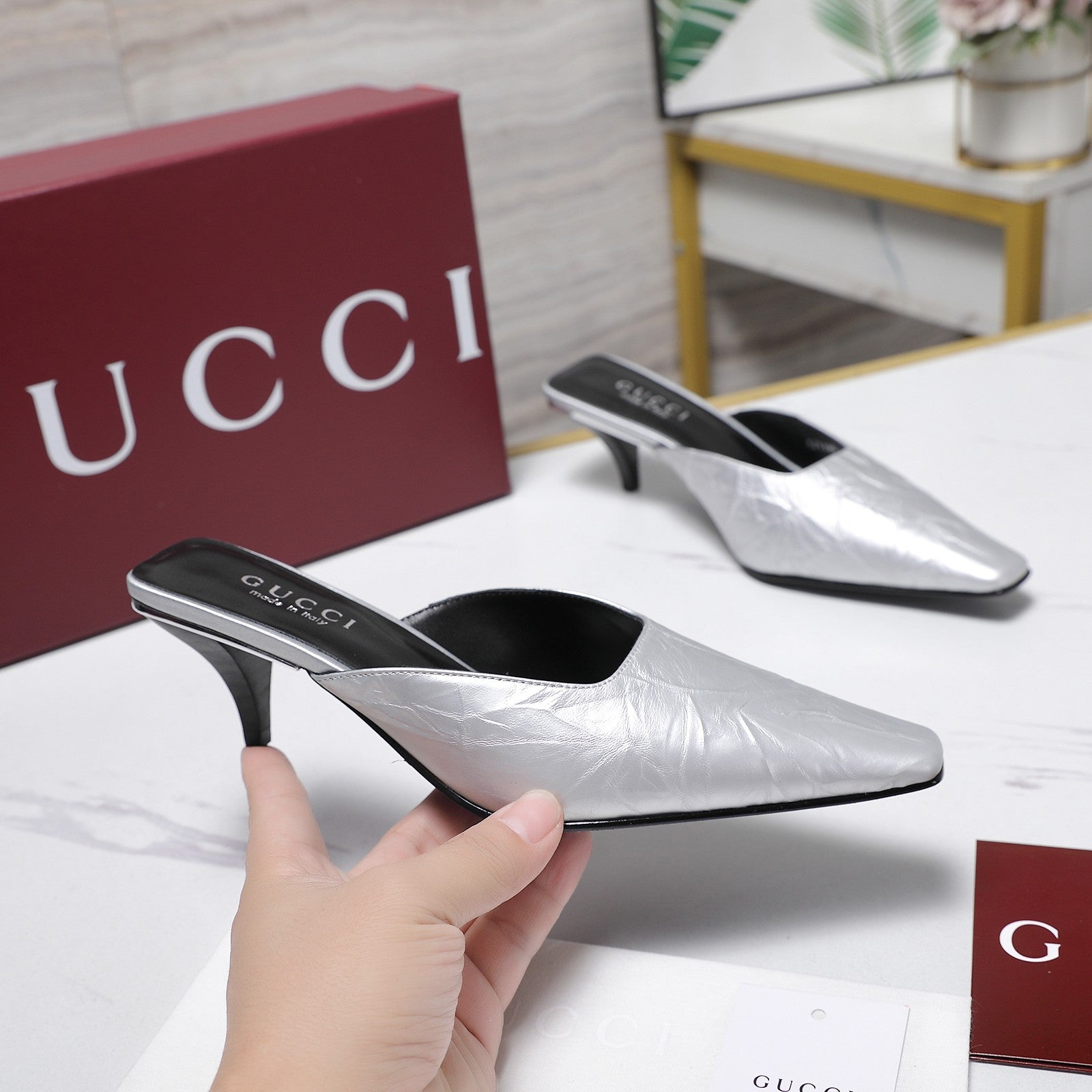 GG 26ss High Heel Mule 60 Metallic Sliver Sheepskin 601082