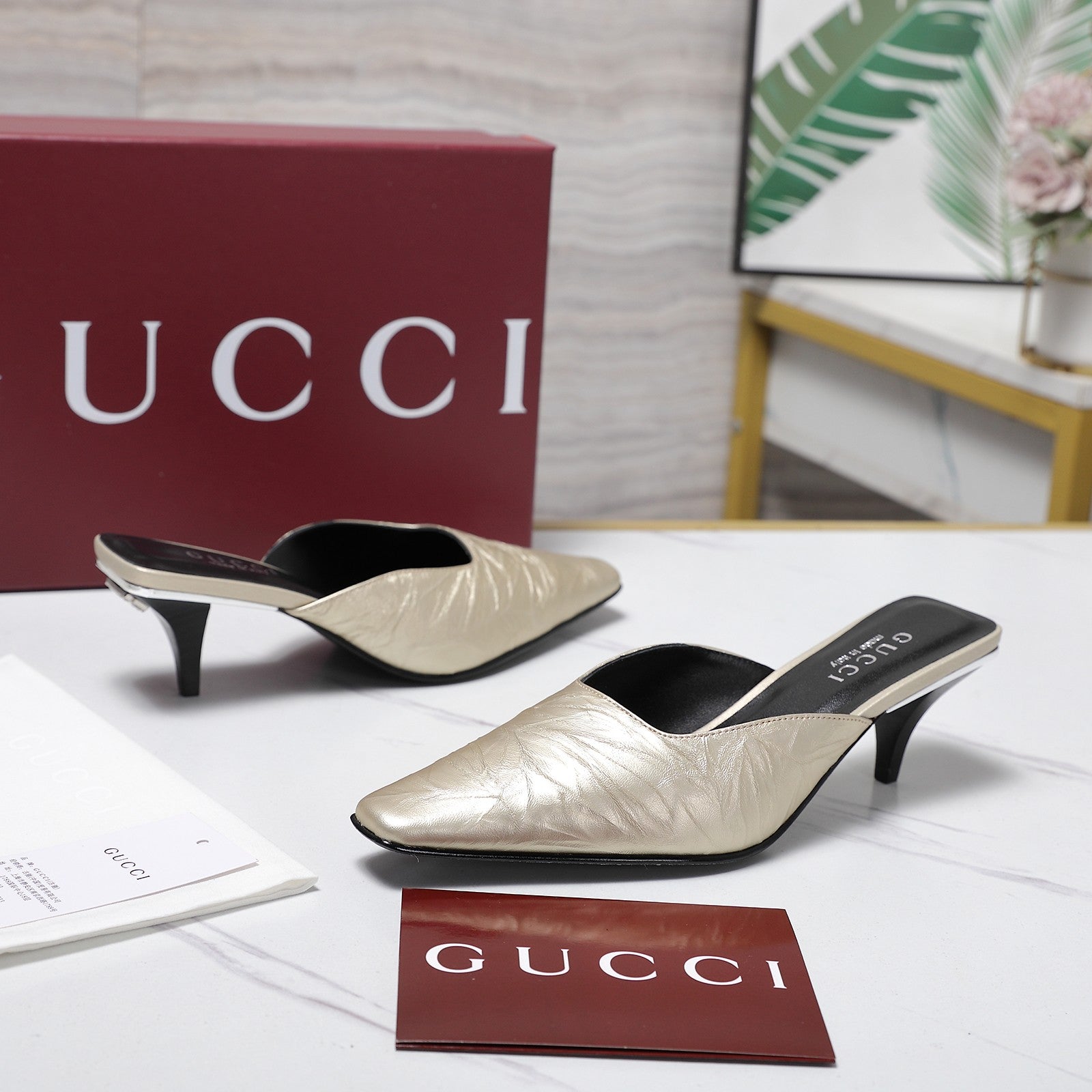 GG 26ss High Heel Mule 60 Metallic Gold Sheepskin 601083