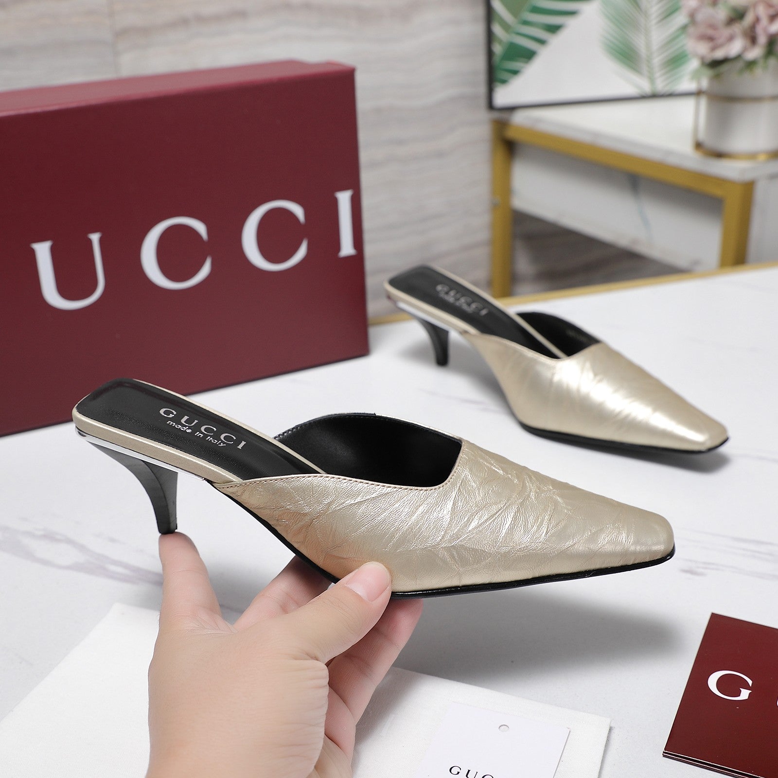 GG 26ss High Heel Mule 60 Metallic Gold Sheepskin 601083