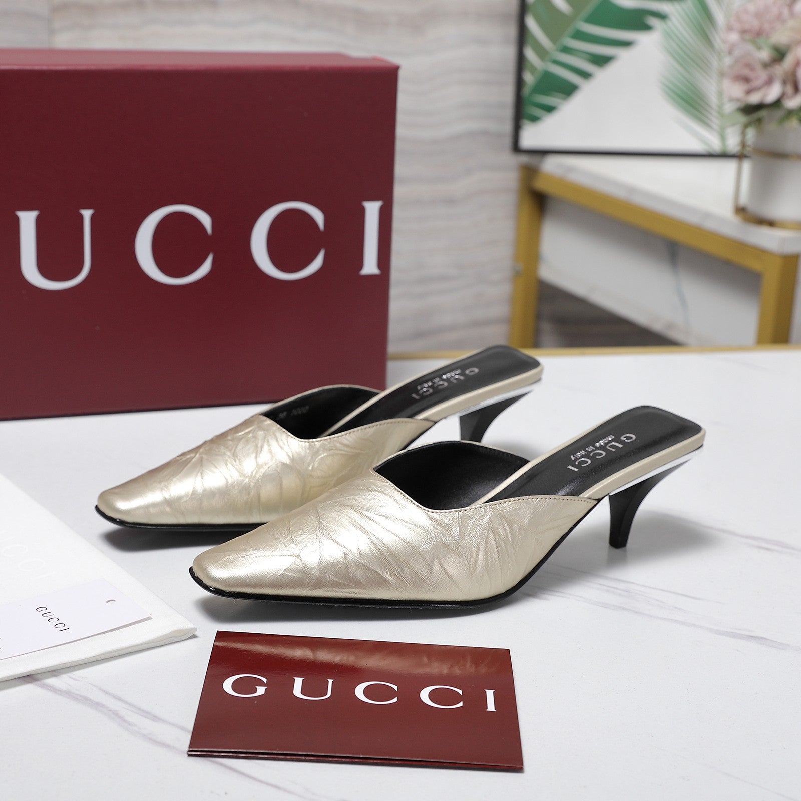 GG 26ss High Heel Mule 60 Metallic Gold Sheepskin 601083